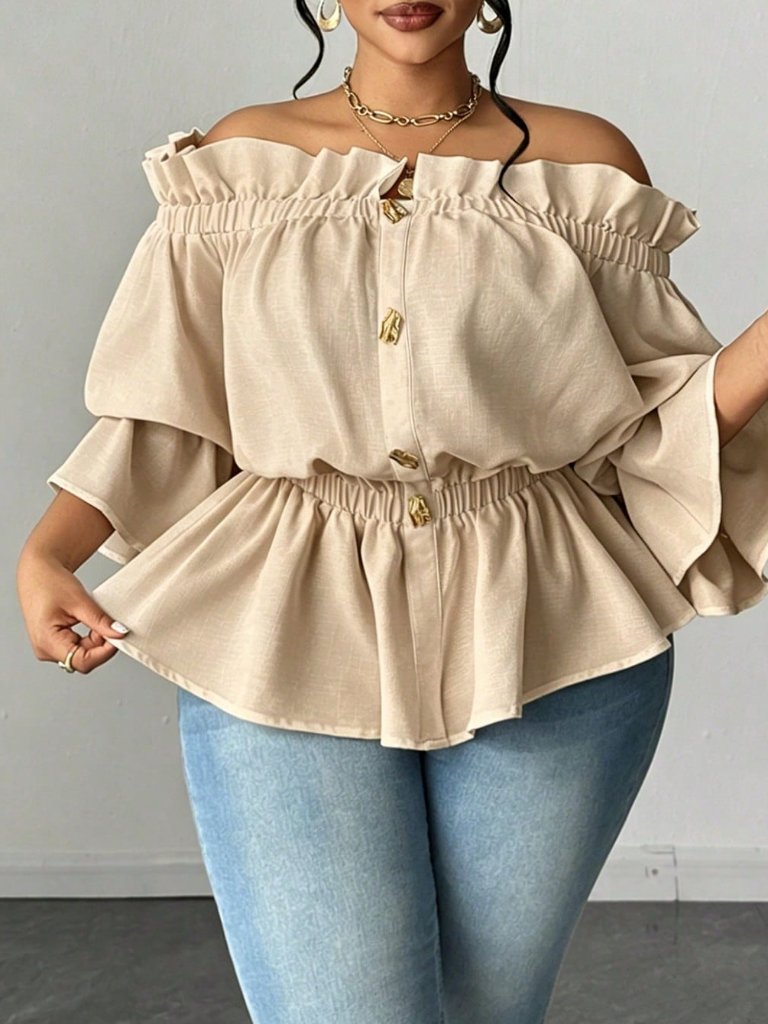Khaki Casual Women's Plus Size Off Shoulder Ruffle Blouse